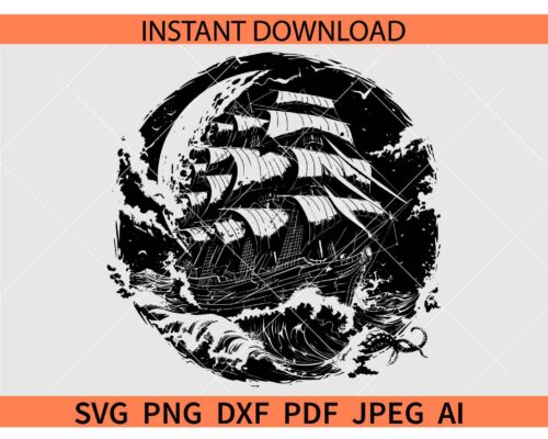 Boat Sailing Silhouette SVG, Boat Sailing in Waves SVG, Boat Sailing in ocean SVG