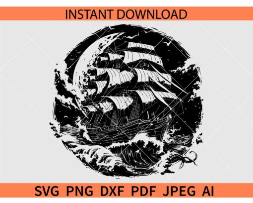 Boat Sailing Silhouette SVG, Boat Sailing in Waves SVG, Boat Sailing in ocean SVG