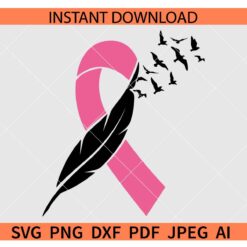 Cancer ribbon with feather and flying birds SVG, Cancer Awareness ribbon and birds SVG
