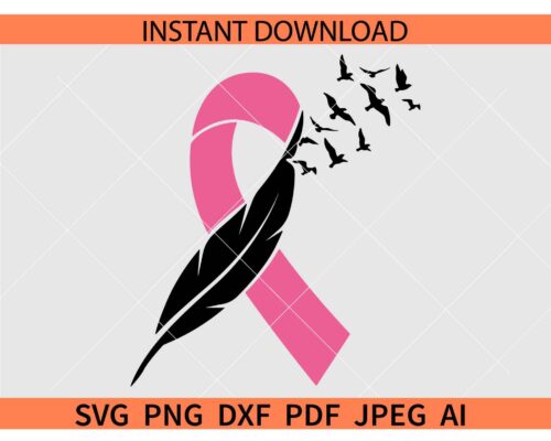Cancer ribbon with feather and flying birds SVG, Cancer Awareness ribbon and birds SVG