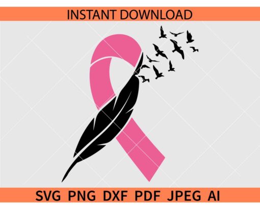 Cancer ribbon with feather and flying birds SVG, Cancer Awareness ribbon and birds SVG