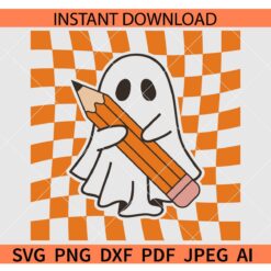 Checkered Ghost with Pencil SVG, Halloween Ghost with Pencil SVG