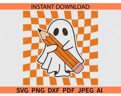 Checkered Ghost with Pencil SVG, Halloween Ghost with Pencil SVG