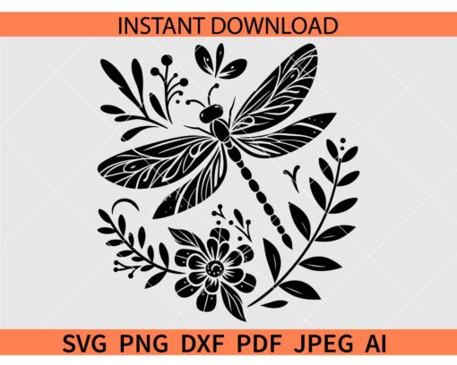 Dragonfly Flowers SVG, Dragonfly SVG File, Floral Dragonfly SVG