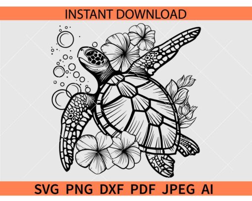 Floral Turtle Outline SVG, Turtle Outline Bubbles SVG, Turtle Outline Flowers SVG