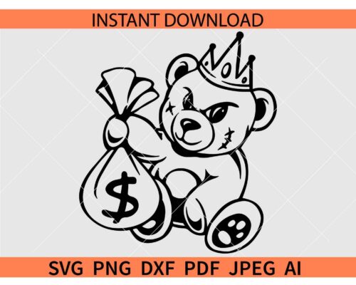 Gangster Bear SVG, Gangster Bear with Money Bag SVG, Gangster Bear with Dollars SVG