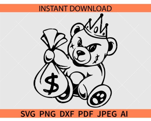 Gangster Bear SVG, Gangster Bear with Money Bag SVG, Gangster Bear with Dollars SVG