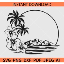 Hawaiian Flower Scene SVG, Palm Tree Hawaii SVG, Aloha Hibiscus SVG