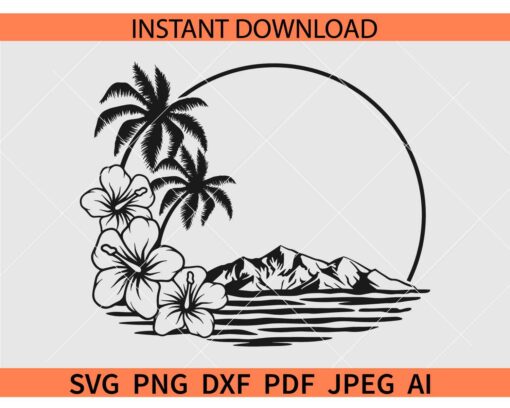 Hawaiian Flower Scene SVG, Palm Tree Hawaii SVG, Aloha Hibiscus SVG