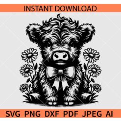 Highland Cow with Daisies SVG, Highland Cow with Bow SVG
