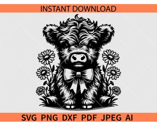 Highland Cow with Daisies SVG, Highland Cow with Bow SVG