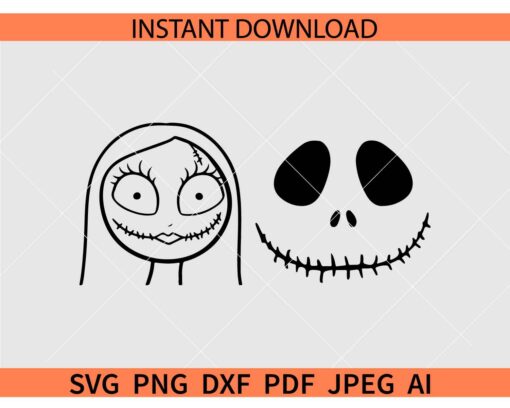 Jack Sally Faces SVG, Jack Skellington Face SVG, Sally Face Outline SVG