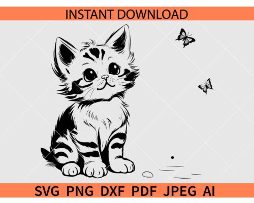 Kitten with butterfly SVG, Cat and Butterflies SVG, Butterflies with Kitty SVG