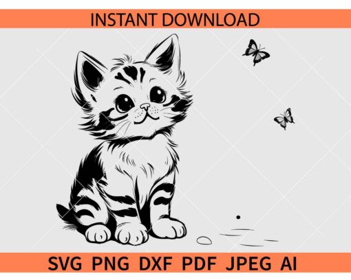 Kitten with butterfly SVG, Cat and Butterflies SVG, Butterflies with Kitty SVG