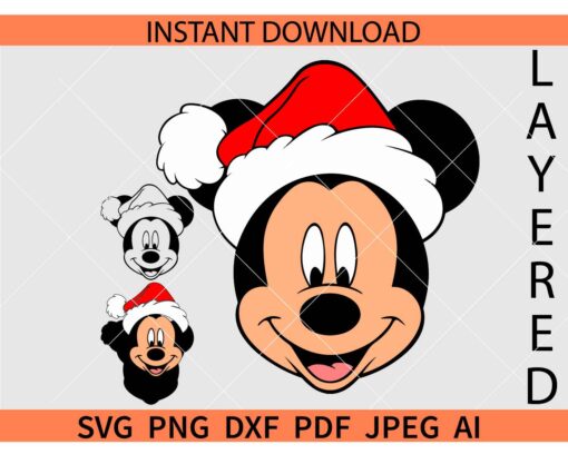 Layered Santa Mickey SVG, Mickey Head with Santa Hat SVG, Santa Mouse SVG