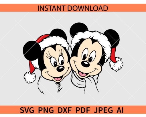 Mickey and Minnie with Santa Hat SVG, Christmas Mickey Minnie SVG
