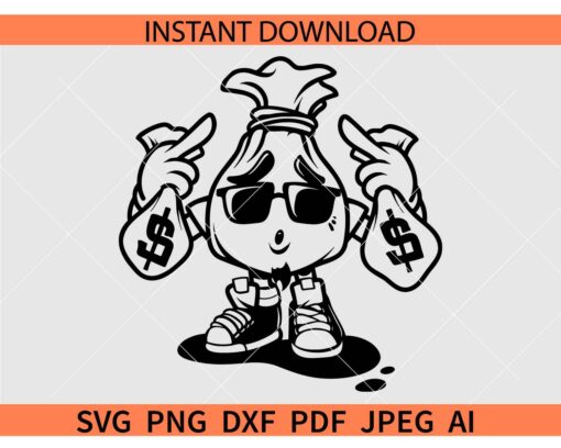 Money Bag Mascot SVG, Hipster Money SVG, Gangster with Dollar Sack SVG