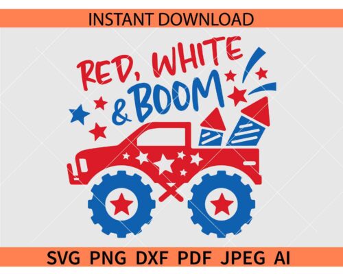 Red White and Boom truck SVG, Monster Truck Red White and Boom SVG