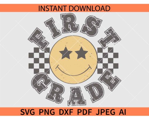 Retro First Grade smiley checkered SVG, 1st Grade Smiley Face Checkered SVG