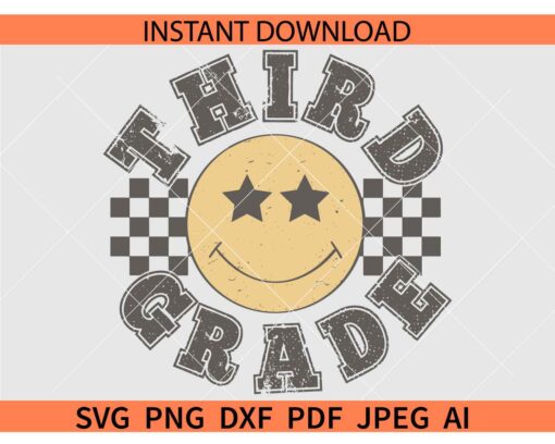 Retro Third Grade smiley Face checkered SVG, Checkered 3nd Grade Smile SVG