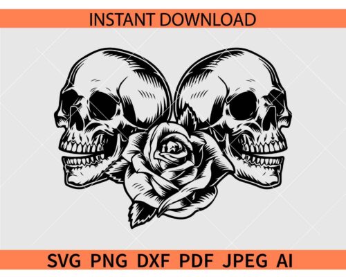 Two Floral skulls SVG, Floral Skulls with Rose Flower SVG, Happy Skulls Silhouette SVG