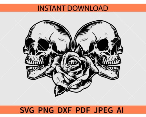 Two Floral skulls SVG, Floral Skulls with Rose Flower SVG, Happy Skulls Silhouette SVG