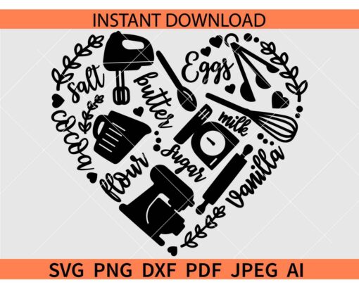 Baking icons heart SVG, Baking Ingredients Heart Symbol SVG, Baking Utensils Heart SVG
