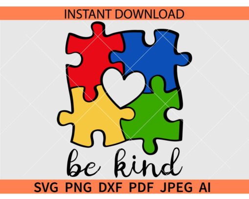 Be kind autism Puzzle SVG, Heart Inside autism Puzzle Be Kind SVG, Autism Awareness Puzzle Heart SVG