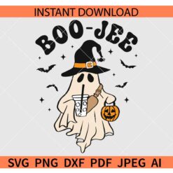 Boo Jee ghost with coffee SVG, Boo Jee ghost with witch hat SVG, Boo Jee ghost with Halloween Pumpkin SVG
