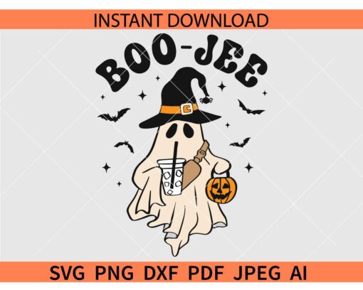 Boo Jee ghost with coffee SVG, Boo Jee ghost with witch hat SVG, Boo Jee ghost with Halloween Pumpkin SVG