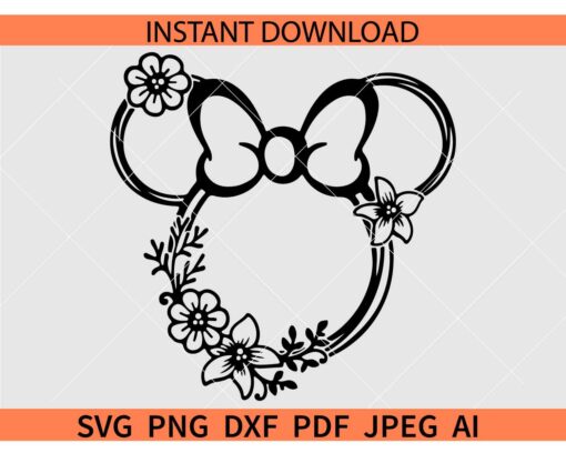 Floral Minnie head SVG, Minnie Head Flowers SVG, Floral Minnie with Bow SVG 