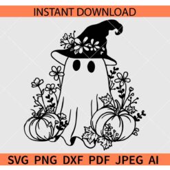 Floral Spooky Ghost SVG, Halloween Pumpkin Ghost SVG, Ghost with Witch Hat Flowers SVG