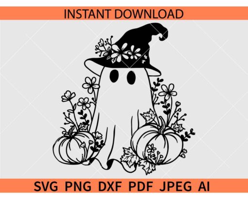 Floral Spooky Ghost SVG, Halloween Pumpkin Ghost SVG, Ghost with Witch Hat Flowers SVG