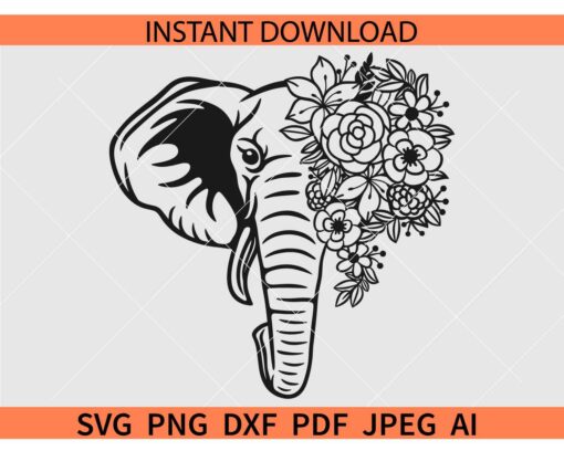 Floral elephant head SVG, Elephant head with flowers SVG