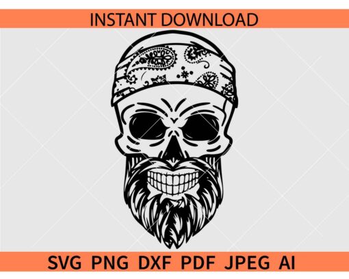 Happy skull with bandana SVG, Happy Bearded Skull SVG, Skull with Headband SVG