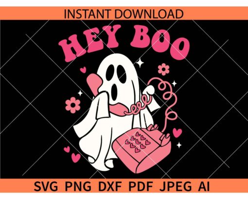 Hey boo ghost SVG, Ghost on phone Hey boo SVG, Halloween Ghost Hey boo SVG