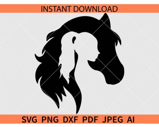 Horse Head with a girl Silhouette SVG, Girl ponytail In Horse Head Silhouette SVG