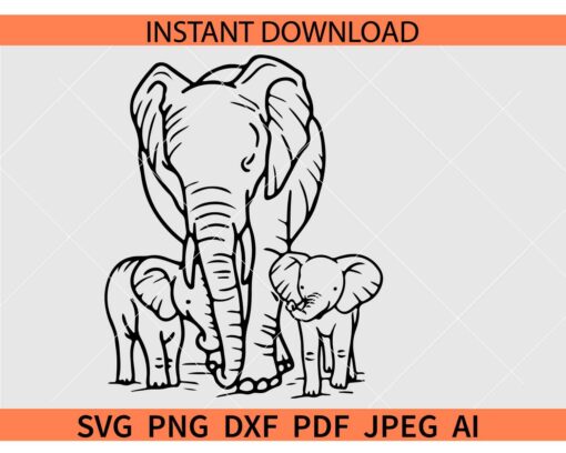 Mama elephant and two babies SVG, Mama Elephant with two Calves SVG