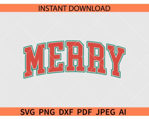Merry varsity font SVG, Merry with Varsity Font SVG, Green and red Merry varsity font SVG