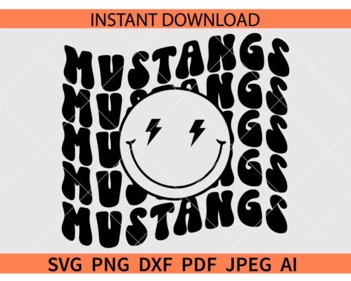 Mustangs smiley face SVG, Retro Text Mustangs Smile SVG, Mustangs Retro Wavy Text Smile SVG