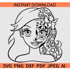 Princess Ariel Halloween outline SVG, Ariel Day of The Dead SVG, Ariel Sugar Skull SVG