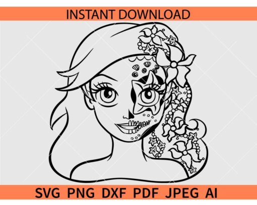 Princess Ariel Halloween outline SVG, Ariel Day of The Dead SVG, Ariel Sugar Skull SVG