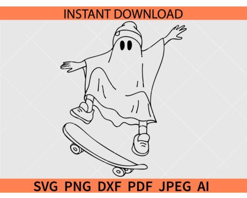 Skating ghost SVG, Ghost on a skating board SVG, Halloween Ghost Skating SVG