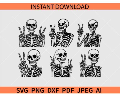 Skeletons peace sign Bundle SVG, Happy Skeleton Peace ASL SVG