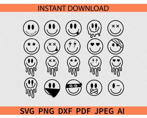 Smiley Face Bundle SVG, Smiling Face Bundle SVG, Drippy Face Bundle SVG