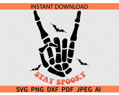 Stay spooky Rock on skeleton hand SVG, Halloween skeleton hand Svg