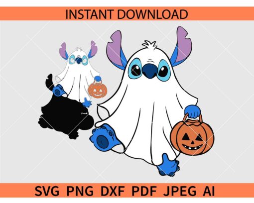 Stitch Ghost with Pumpkin SVG, Layered Halloween Stitch Ghost SVG