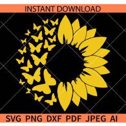 Sunflower butterfly SVG, Yellow Half Sunflower with butterflies SVG