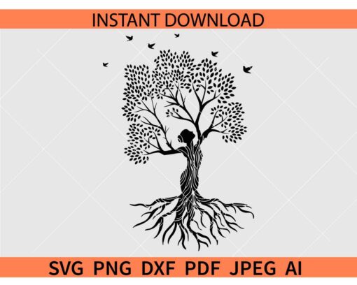 Woman tree of life SVG, Woman Tree with birds Silhouette SVG