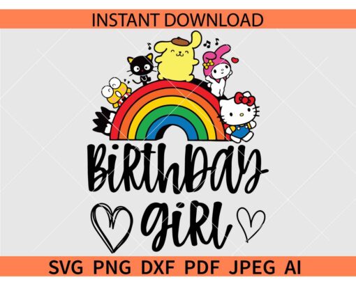 Birthday Girl Kitty Rainbow SVG, Hello Kitty And Friends Rainbow Birthday Girl SVG, Birthday Kitty Rainbow SVG